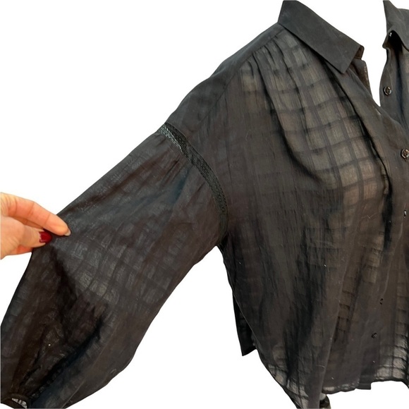 𝅺NWT Anthropologie See U Soon Button Up Windowpane Semi-Sheer Black Blous… - Picture 5 of 11